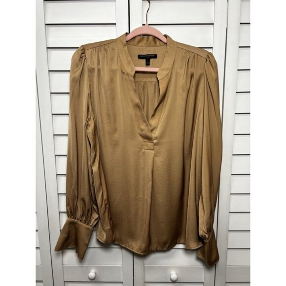 Banana Republic Volume Sleeve Satin Split Neck Blouse Size Large Afternoon Latte - Picture 1 of 11